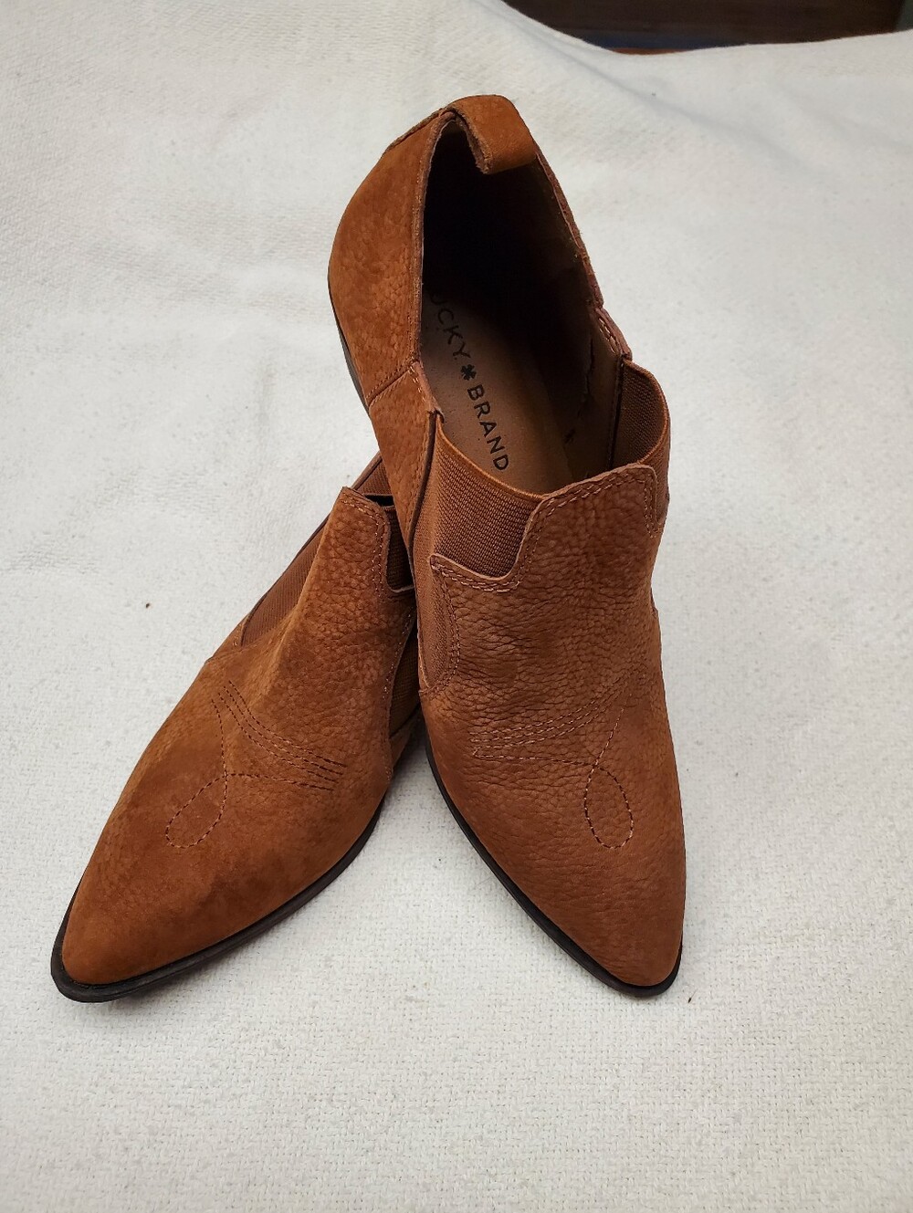 Lucky Brand Joelle Western Cowgirl Ankle Booties Tan Suede Pointed Toe Sz 8